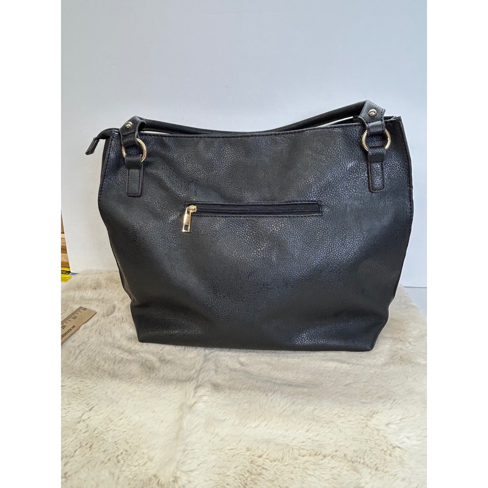 Black Pebbled Faux‎ Leather Hobo Shoulder Bag Gold Hardware Zip Top Handbag